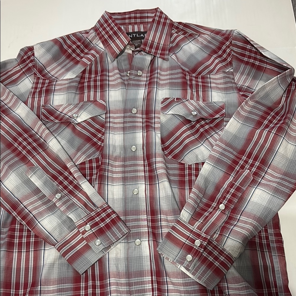 Men’s Red and Gray Pearl Snap Plaid Shirt